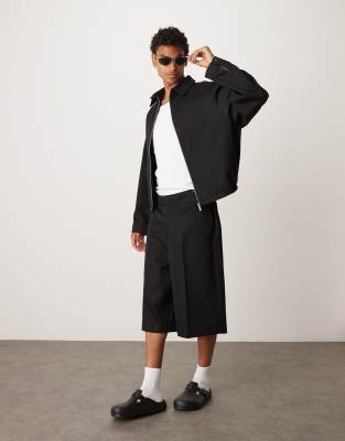 ASOS DESIGN – Svarta, uppklädda bermudashorts i oversize med midjeresår, del av set - view 1