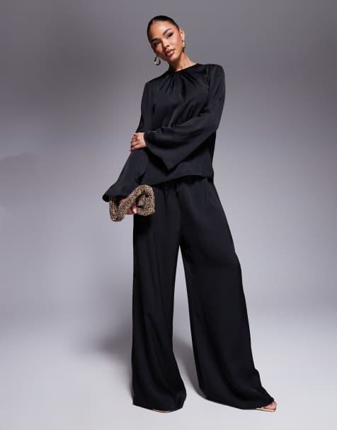 ASOS DESIGN – Svarta vida byxor i satin, del av set - view 1