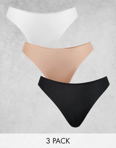 ASOS DESIGN – Svarta, vita och beige stringtrosor i spets utan synlig troskant, 3-pack - view 1