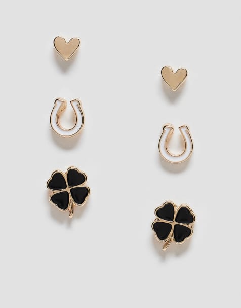 ASOS DESIGN – Svarta, vita och guldfärgade stiftörhängen med enkel blomdesign, 3-pack - view 1