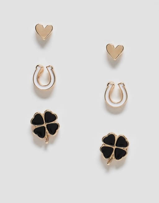 ASOS DESIGN – Svarta, vita och guldfärgade stiftörhängen med enkel blomdesign, 3-pack