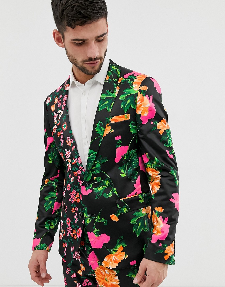 ASOS DESIGN – Svartblommig, panelsydd kostymjacka med extra smal passform