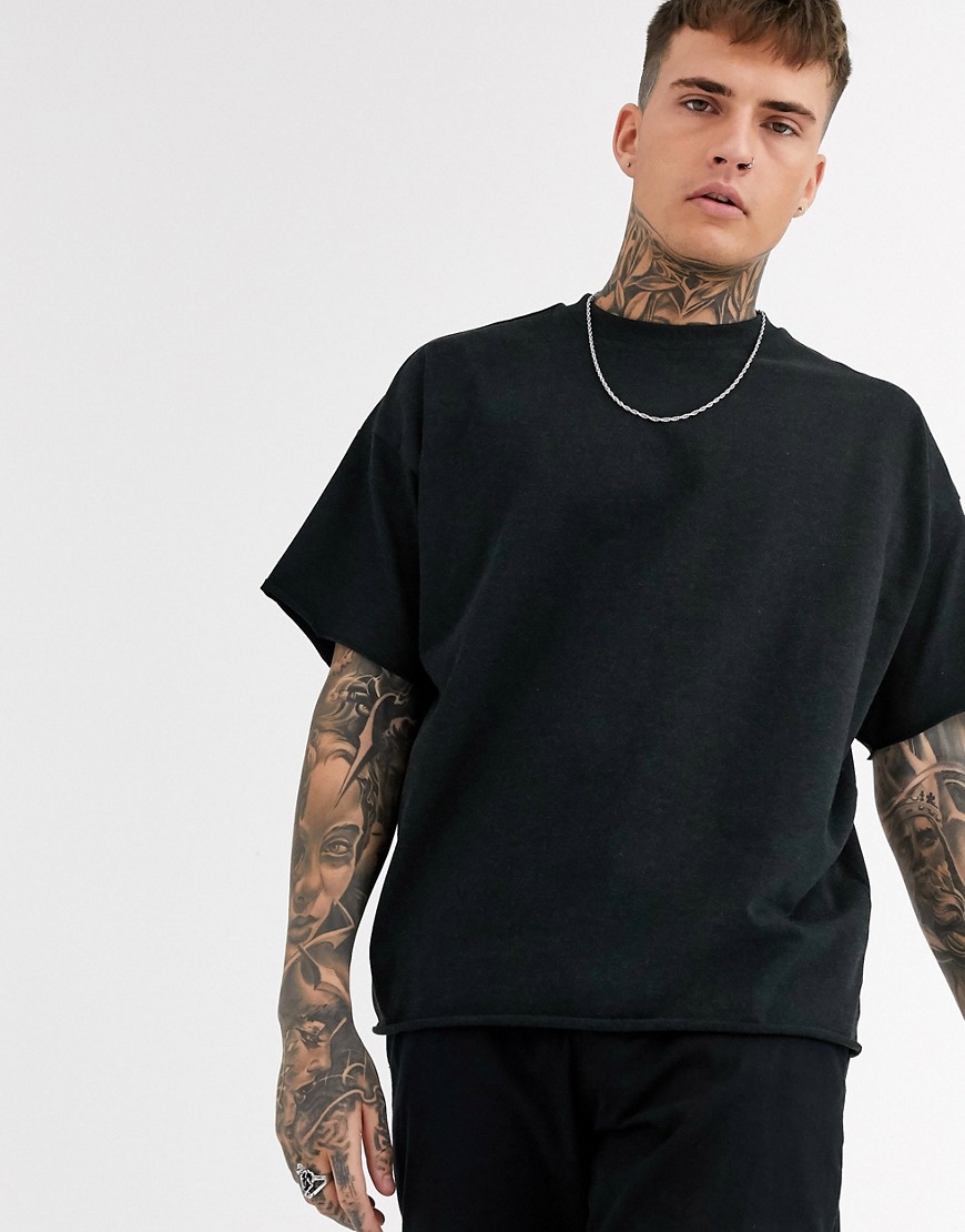 ASOS DESIGN – Svartmelerad, grov oversize-t-shirt med rund halsringning och råskurna kanter
