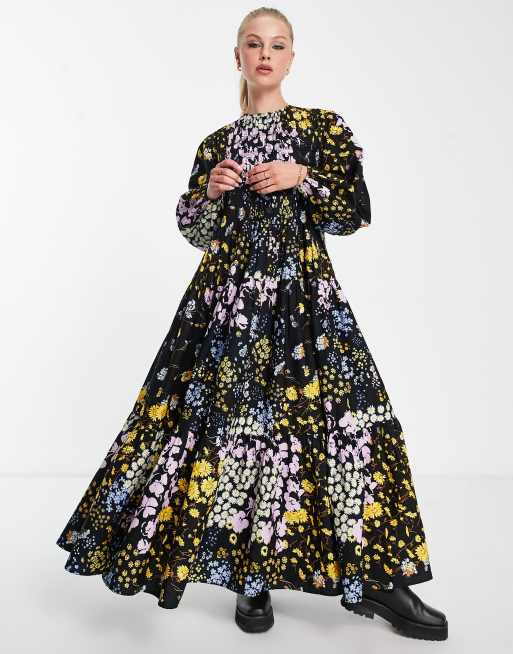 ASOS DESIGN – Svartmönstrad smockklänning i maxilängd med smock i bomull 