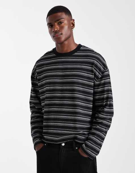 ASOS DESIGN – Svartrandig, kraftig t-shirt i boxig oversize-passform med långa ärmar och textur - view 1