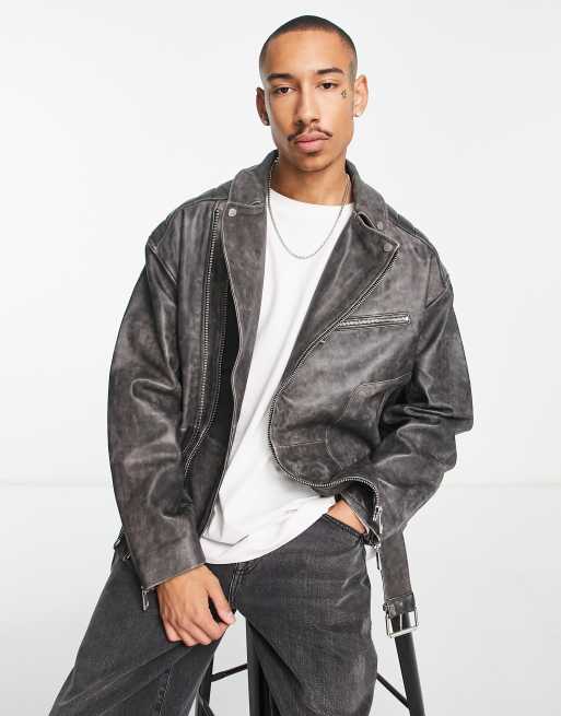 ASOS DESIGN – Svarttvättad jacka i äkta läder och oversize