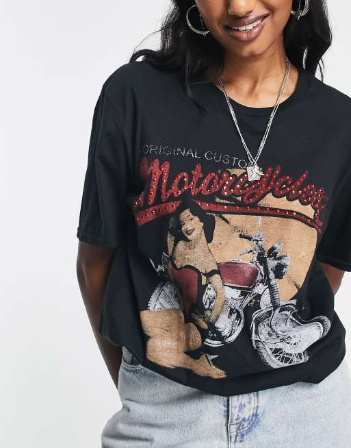 ASOS DESIGN – Svarttvättad oversized t-shirt med motorcykeltryck, 3 av 4