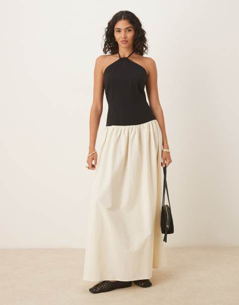 ASOS DESIGN – Svartvit, blockfärgad maxiklänning med halterneck och sänkt midja - view 1