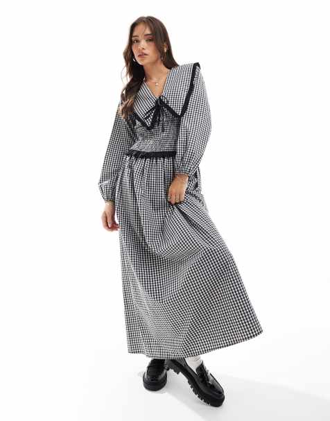 ASOS DESIGN – Svartvit, ginghamrutig maxiklänning med krage och smockad midja - view 1