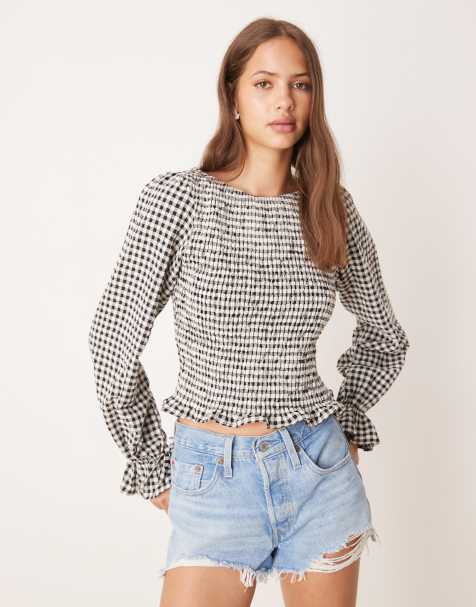 ASOS DESIGN – Svartvit, ginghamrutig, smockad blus i bomull - view 1