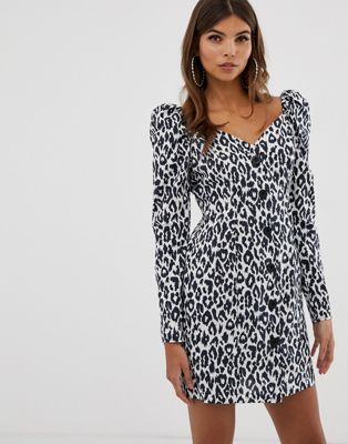 ASOS DESIGN – Svartvit leopardmönstrad miniklänning med knappar och långa ärmar-Flerfärgad