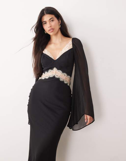 ASOS DESIGN – Svartvit midiklänning i chiffongmix med spetsdetaljer och draperade ärmar, 2 av 4