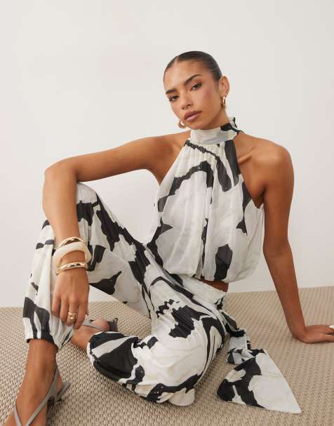 ASOS DESIGN – Svartvit, mönstrad topp i mesh med ballongfåll, del av set - view 1