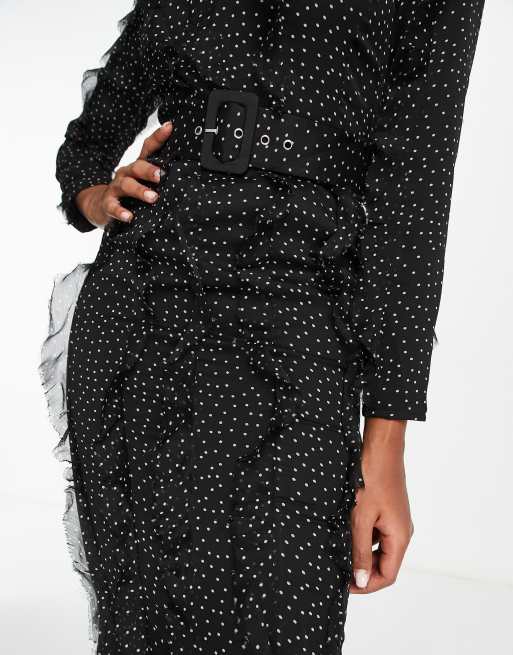 ASOS DESIGN – Svartvit, prickig maxiklänning med långa ärmar och volanger, 3 av 4