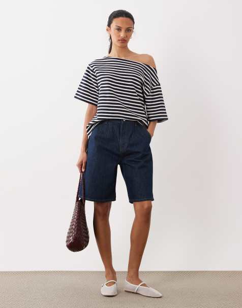 ASOS DESIGN – Svartvit, randig, stickad jersey-topp i oversize med bara axlar, del av set - view 1