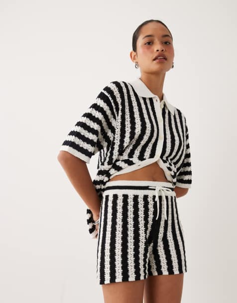 ASOS DESIGN – Svartvita, randiga shorts i slubväv, del av set - view 1