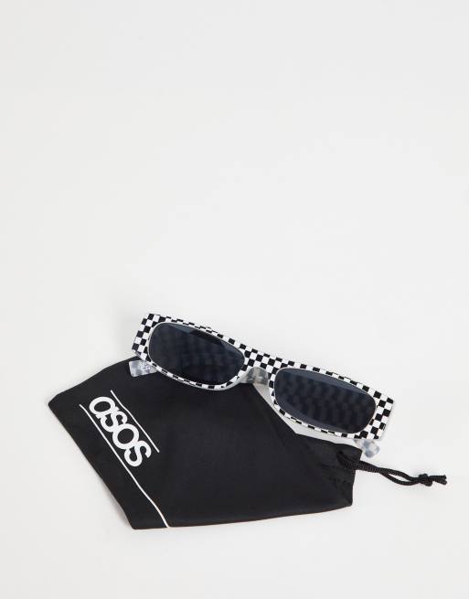 ASOS DESIGN – Svartvita, rektangulära, små solglasögon i schackrutig design, 4 av 4