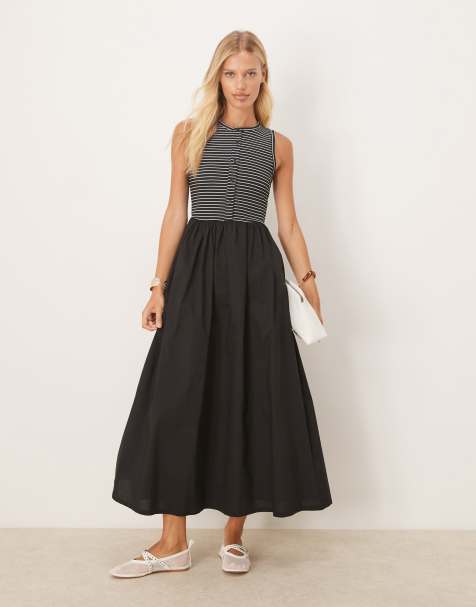 ASOS DESIGN – Svartvitrandig midiklänning med brottarringning, knäppning och poplinkjol - view 1