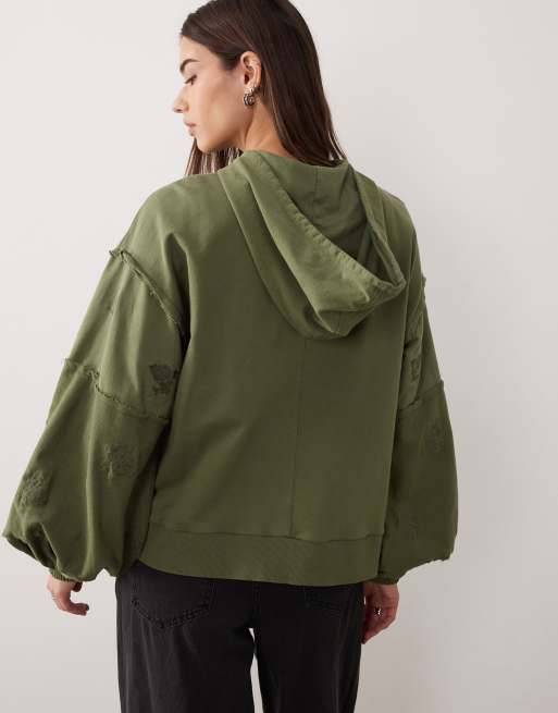 ASOS DESIGN - Sweat à capuche avec fermeture éclair et fleur brodée - Kaki délavé, 4 de 4