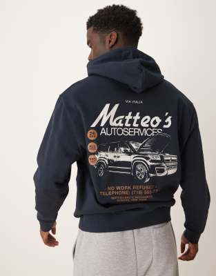 ASOS DESIGN - Sweat à capuche avec imprimé voiture devant et au dos - Bleu marine - view 1