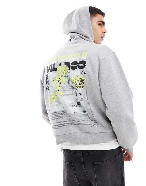 ASOS DESIGN - Sweat à capuche coupe carrée oversize à imprimé au dos et surpiqûres - Gris chiné - view 1