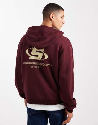 ASOS DESIGN - Sweat à capuche décontracté coupe carrée à imprimé - Bordeaux-Rouge