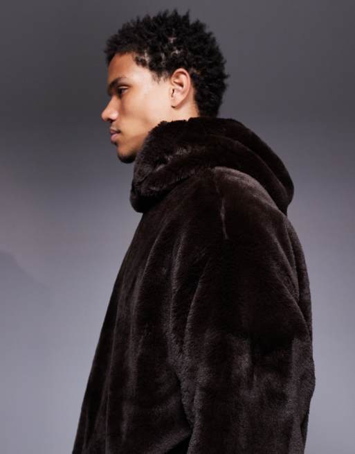 ASOS DESIGN - Sweat à capuche décontracté en fausse fourrure avec poche kangourou - Marron , 4 de 5
