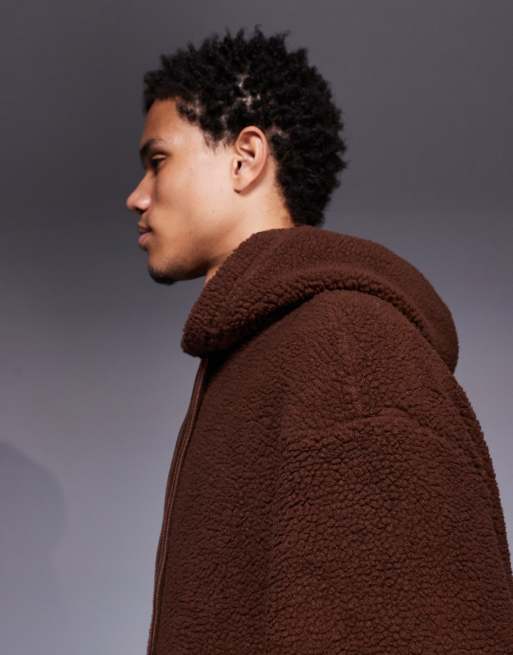ASOS DESIGN - Sweat à capuche décontracté en imitation peau de mouton - Marron, 4 de 5