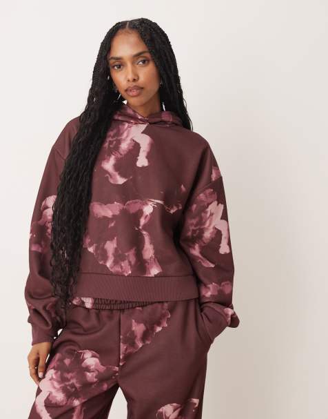 ASOS DESIGN - Sweat à capuche d'ensemble avec motif fleurs intégral - Prune - view 1