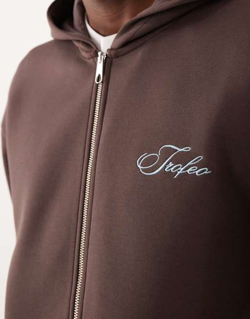  ASOS DESIGN - Sweat à capuche d'ensemble décontracté en tissu épais effet néoprène avec broderie et fermeture éclair - Marron, 5 de 5
