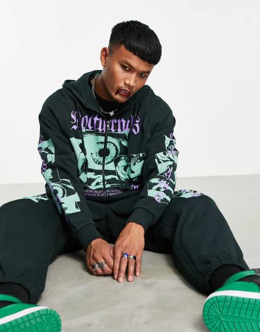 ASOS DESIGN - Sweat à capuche d'ensemble oversize à fermeture éclair avec imprimés photographiques - Vert foncé