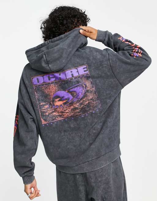 ASOS DESIGN - Sweat à capuche d'ensemble oversize avec imprimés espace - Noir délavé à l'acide