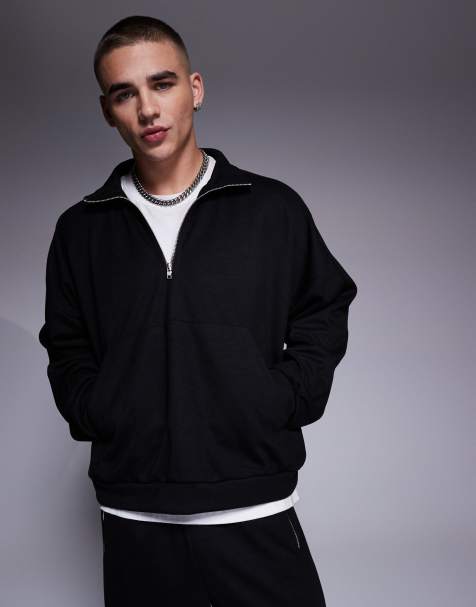 ASOS DESIGN - Sweat à capuche d'ensemble oversize coupe carrée à emmanchures basses et col cheminée zippé - Noir - view 1