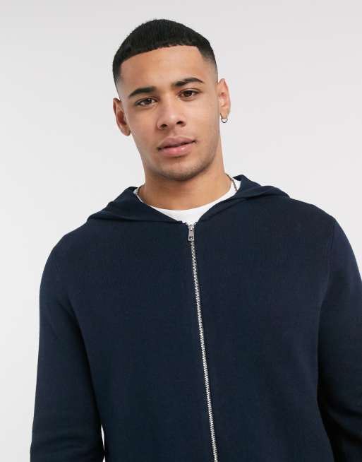 ASOS DESIGN - Sweat à capuche en maille à fermeture éclair avec poches - Bleu marine