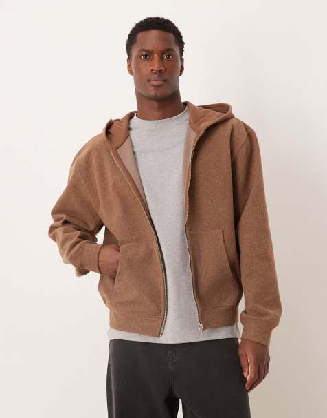 ASOS DESIGN - Sweat à capuche feutré décontracté coupe carrée à fermeture éclair - Marron chiné - view 1