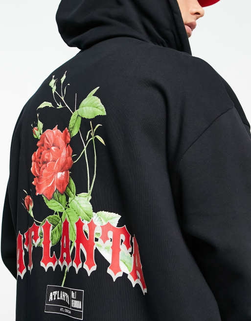 ASOS DESIGN Sweat a capuche oversize a fermeture eclair avec imprime roses et inscription gothique au dos Noir ASOS