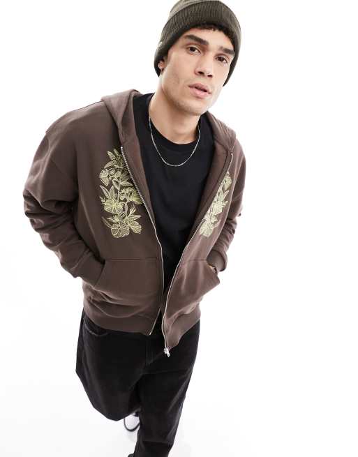 ASOS DESIGN - Sweat à capuche oversize à fermeture éclair et broderies fleur - Marron
