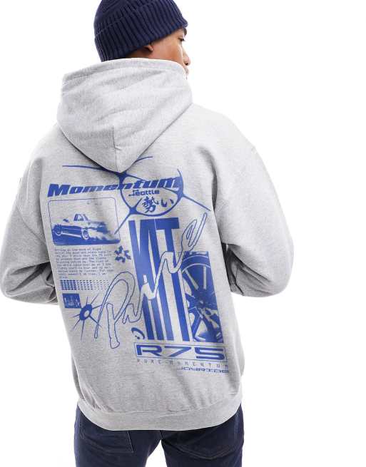 ASOS DESIGN - Sweat à capuche oversize à imprimé bleu sur le devant et grand imprimé au dos - Gris