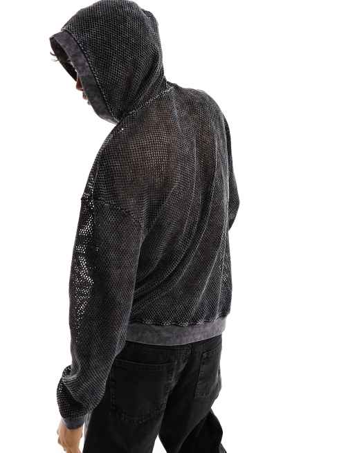 ASOS DESIGN - Sweat à capuche oversize avec détail résille sur l'ensemble - Noir délavé, 4 de 4