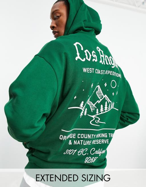 ASOS DESIGN Sweat capuche oversize avec imprim montagne devant et au dos Vert fonc