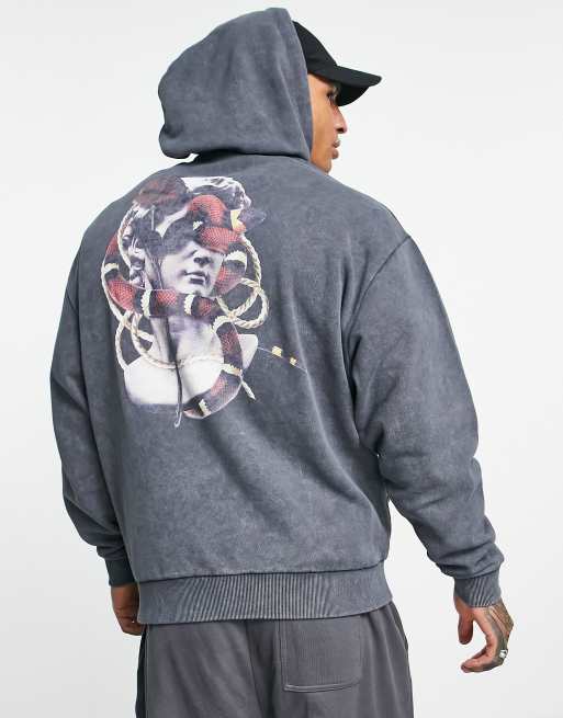 ASOS DESIGN - Sweat à capuche oversize avec imprimé statue au dos - Noir délavé