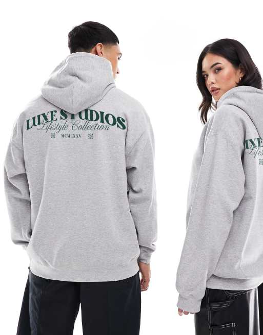 ASOS DESIGN Sweat capuche oversize avec imprim texte devant et au dos Gris