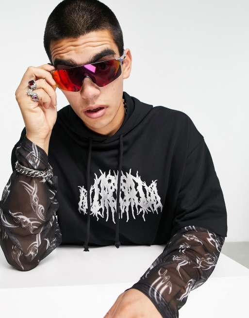 ASOS DESIGN - Sweat à capuche oversize avec manches en tulle à double épaisseur et imprimé métallisé sur le devant, 3 de 4