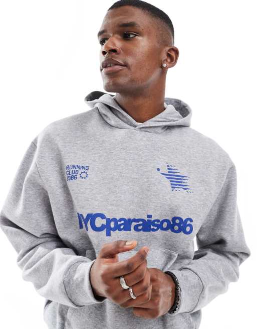 ASOS DESIGN - Sweat à capuche oversize coupe carrée à imprimé sportif - Gris