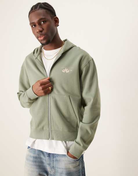 ASOS DESIGN - Sweat à capuche oversize coupe carrée avec fermeture éclair et imprimé devant et au dos - Vert cendré - view 1