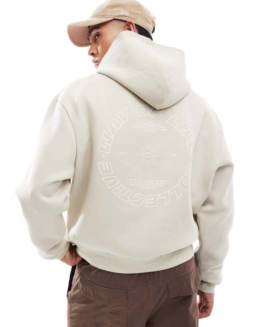 ASOS DESIGN - Sweat à capuche oversize coupe carrée en néoprène avec imprimé dans le dos - Taupe