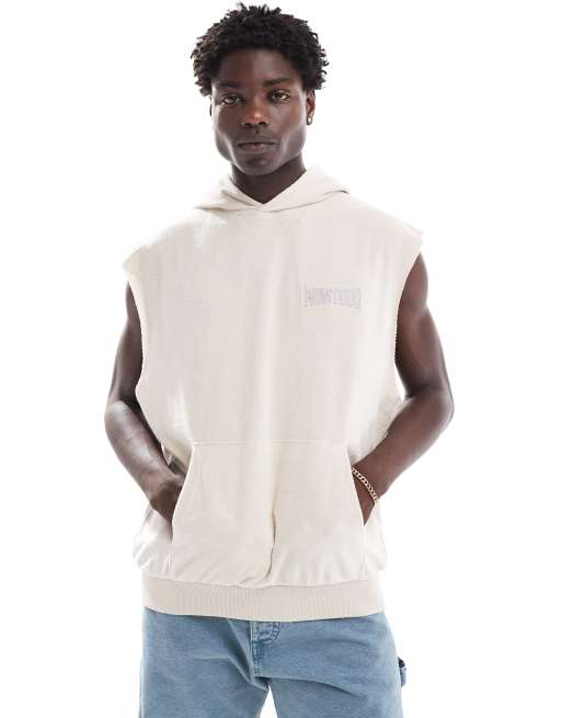 ASOS DESIGN - Sweat à capuche oversize sans manches avec broderie sur la poitrine en tissu éponge - Écru, 3 de 4