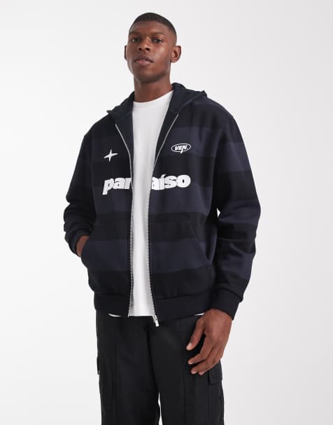 ASOS DESIGN - Sweat à capuche rayé à fermeture éclair et imprimé - Bleu marine - view 1