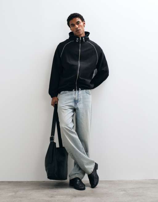 ASOS DESIGN sweat à capuche relaxed zippé intégralement à col cheminée avec passepoil et cordon de serrage noir, 3 de 5
