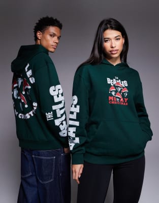 ASOS DESIGN - Sweat à capuche unisexe décontracté avec imprimé The Beatles de Noël - Vert foncé